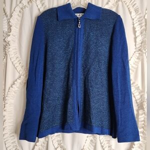 St. John Collection SJK Knit Suit Sweater Charm Zip Up Sz 6 Blue Textured